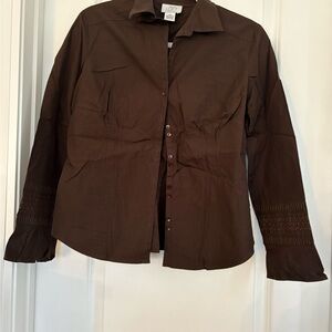 Ann Taylor LOFT Embroidered Button-Up Brown Blouse Petites MP 100% Cotton